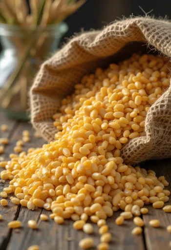 Grãos de Kamut e farinha de Kamut em superfície de madeira