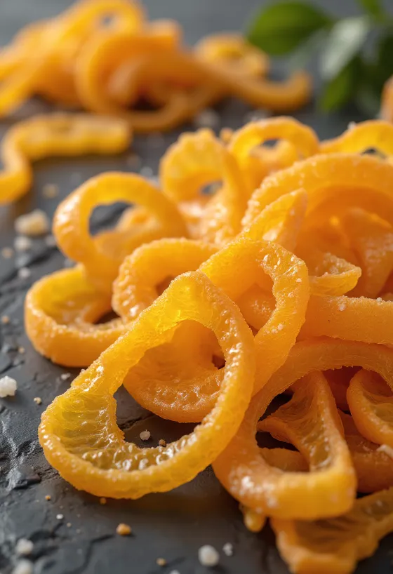 Casca de laranja cristalizada em tigela, com pedaços de laranja fresca, açúcar e mel