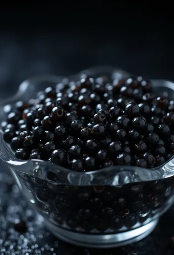 Caviar preto servido em taça elegante ou colher de madrepérola, ingrediente de luxo