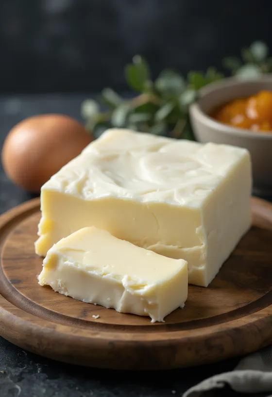 Manteiga de cabra em taça de cerâmica, textura cremosa, superfície rústica