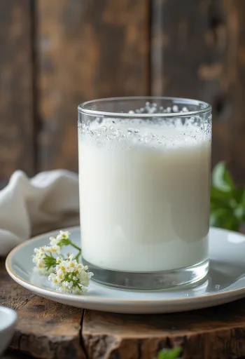 Kefir cremoso e branco em taça, sobre mesa rústica