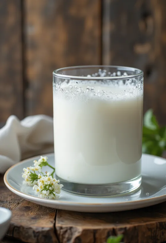 Kefir cremoso e branco em taça, sobre mesa rústica