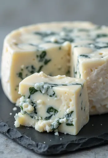 Queijo azul fatiado e esfarelado em tábua de madeira, ambiente de cozinha