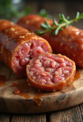 Chouriço seco fatiado em tábua de madeira, com especiarias e marmoreado visível