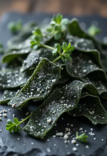 Folhas de alga kombu secas em superfície de madeira, com kombu demolhado em tigela