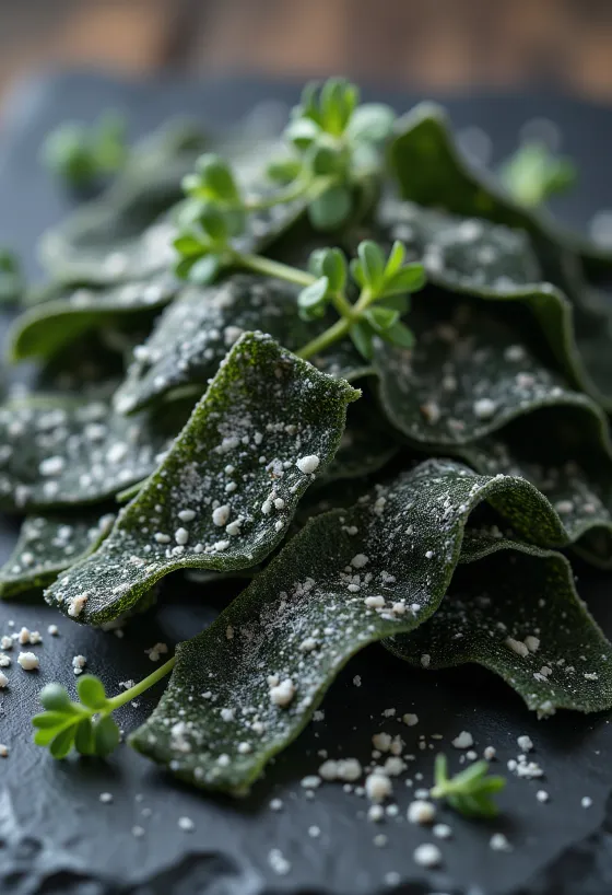 Folhas de alga kombu secas em superfície de madeira, com kombu demolhado em tigela