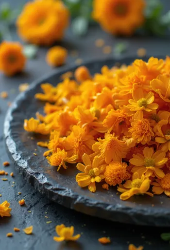 Pétalas de calêndula frescas em prato branco, para uso culinário