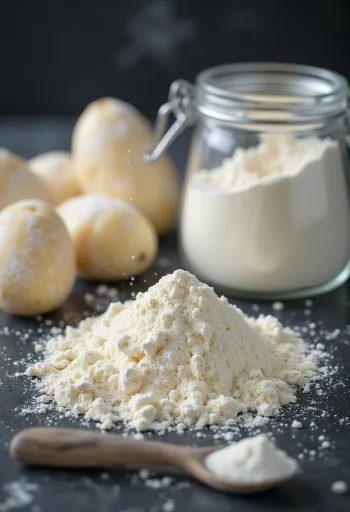 Farinha de batata em tigela, com colher de pau, espalhada na bancada