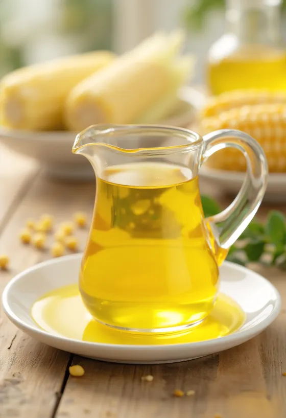 Óleo de milho em garrafa de vidro, com grãos de milho e sêmola