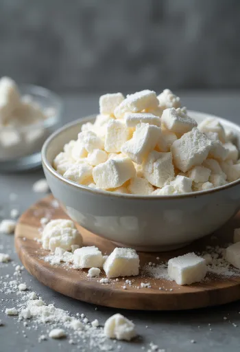 Pó de amido de kuzu em taça de cerâmica e colher de pau, com fatias de raiz