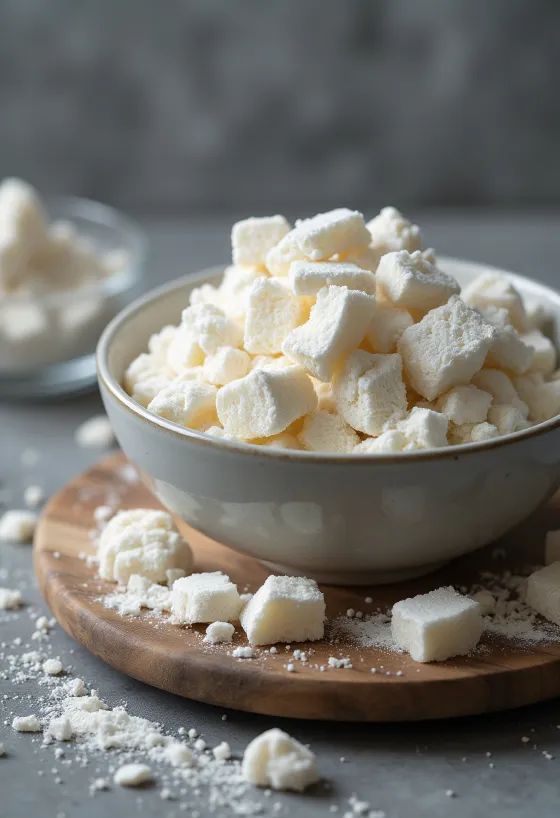 Pó de amido de kuzu em taça de cerâmica e colher de pau, com fatias de raiz