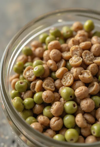 Diferentes variedades de lentilhas em taças de cerâmica sobre mesa de madeira