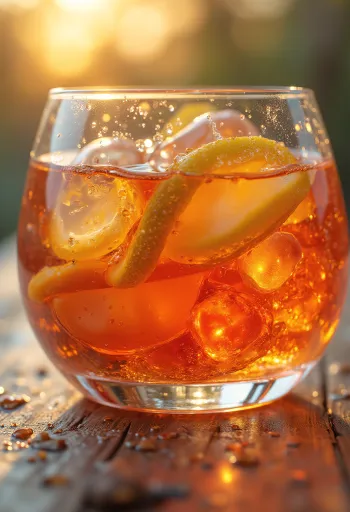 Garrafa e copo de licor, rodeados de especiarias e aromas naturais