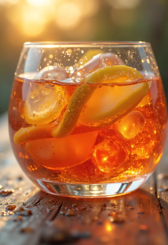 Garrafa e copo de licor, rodeados de especiarias e aromas naturais