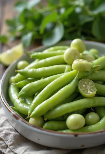 Vagens de fava frescas e grãos descascados em superfície rústica