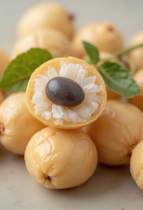 Frutos de longan inteiros e abertos revelando a polpa branca e semente preta