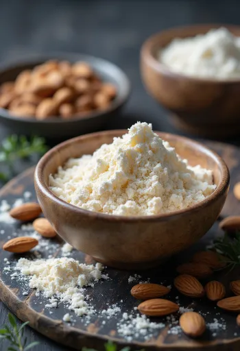 Leite de amêndoa em pó em taça e espalhado numa superfície de cozinha