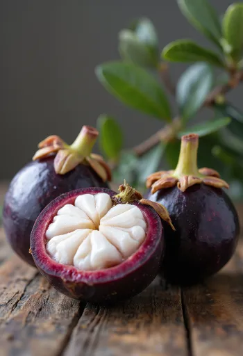 Mangostão inteiro e aberto com polpa branca e casca escura sobre madeira