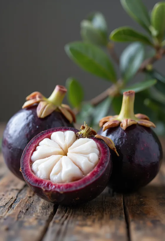 Mangostão inteiro e aberto com polpa branca e casca escura sobre madeira