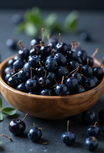 Bagas de maqui frescas de cor roxa escura, algumas cortadas, cruas