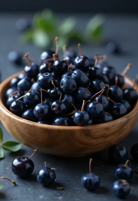 Bagas de maqui frescas de cor roxa escura, algumas cortadas, cruas