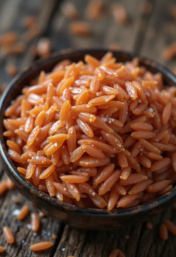Grãos de arroz vermelho do Butão frescos e crus