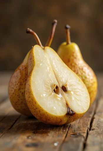 Pera Bosc fatiada e inteira em tábua de corte