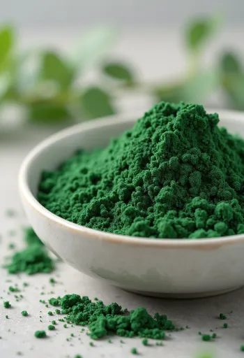 Chlorella em pó em frasco de vidro e comprimidos, cor verde escura
