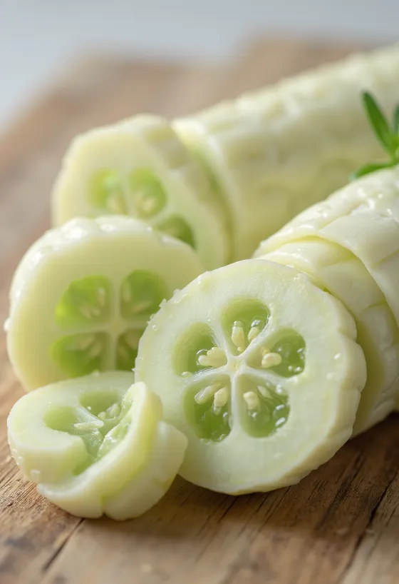 Fatias de pepino branco sobre uma tábua de corte rodeadas de vegetais frescos