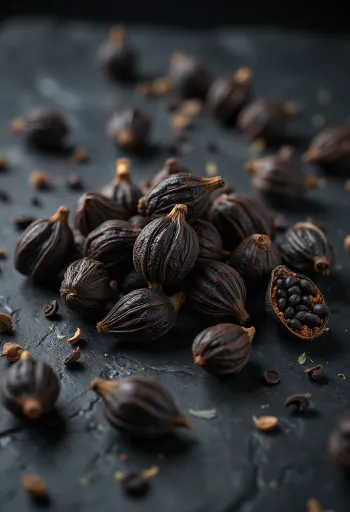 Cápsulas de cardamomo preto secas sobre superfície de madeira