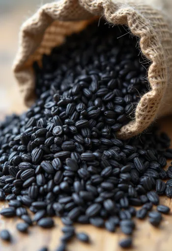 Arroz preto em frasco pequeno, cor escura rica, rodeado de grãos crus