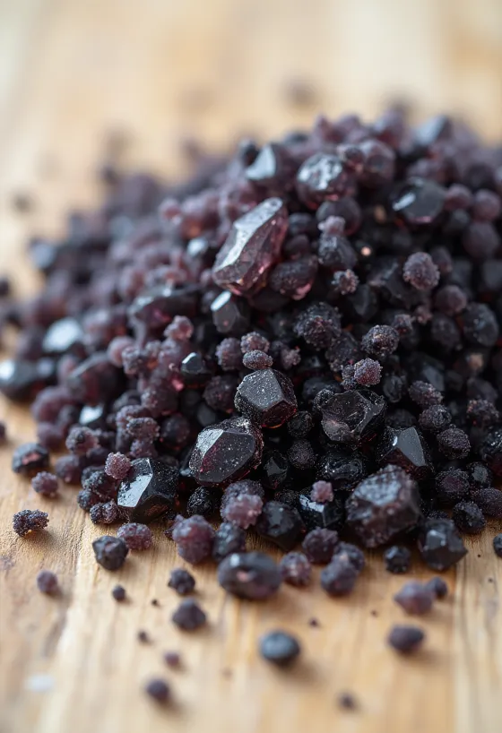 Sal preto em frasco pequeno, cor negra rica, rodeado de cristais de sal e uma colher de pau