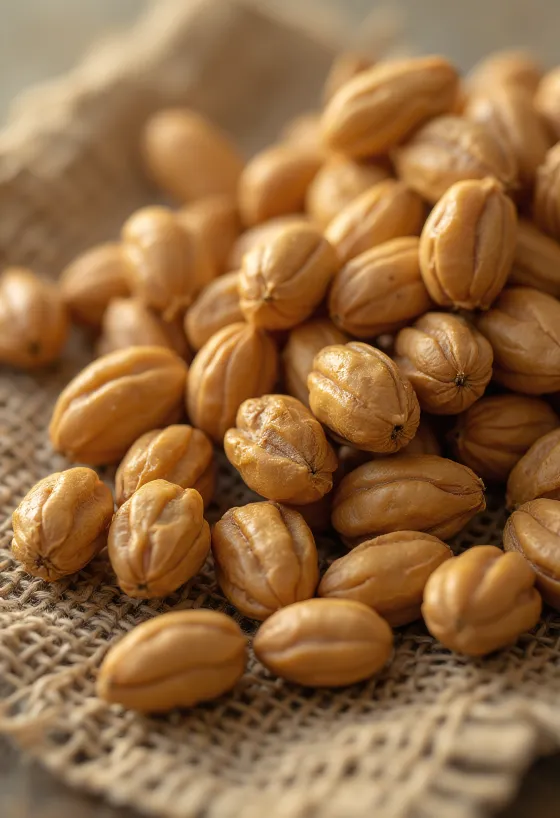 Tubérculos de chufa na tábua, rodeados de vegetais