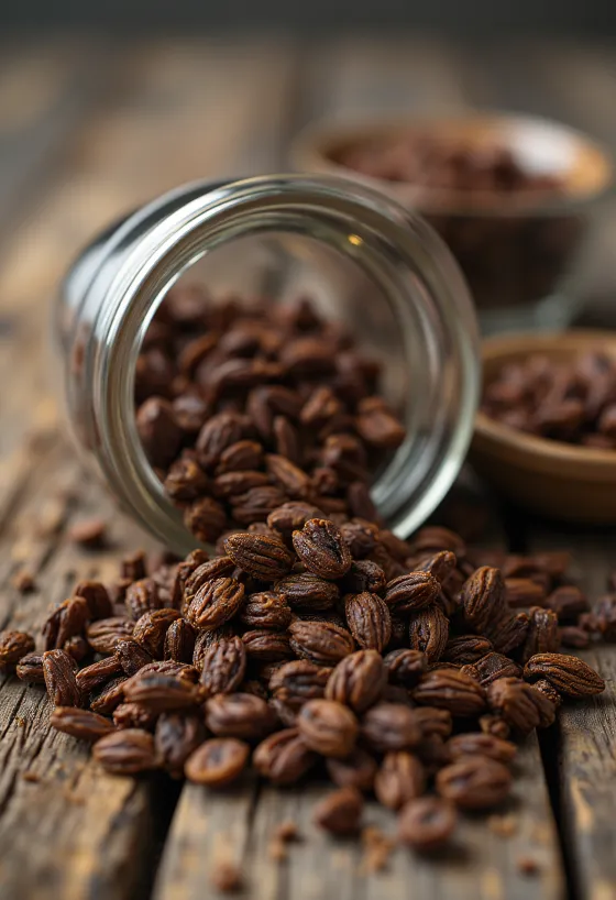 Grãos de centeio torrado na tábua