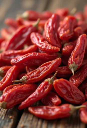 Bagas de goji em frasco e secas ao redor, cor vermelha intensa