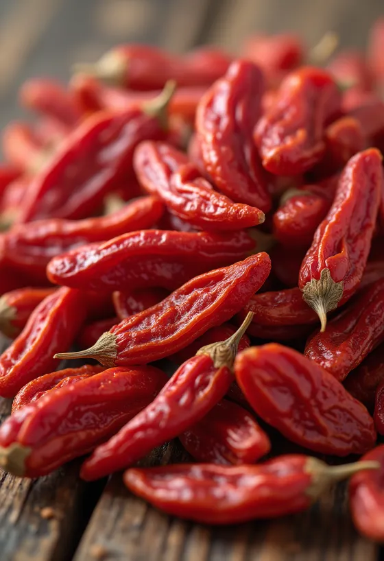 Bagas de goji em frasco e secas ao redor, cor vermelha intensa