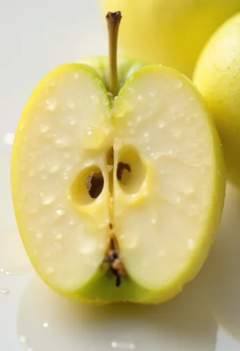 Maçãs Golden Delicious frescas e fatias sobre tábua de corte