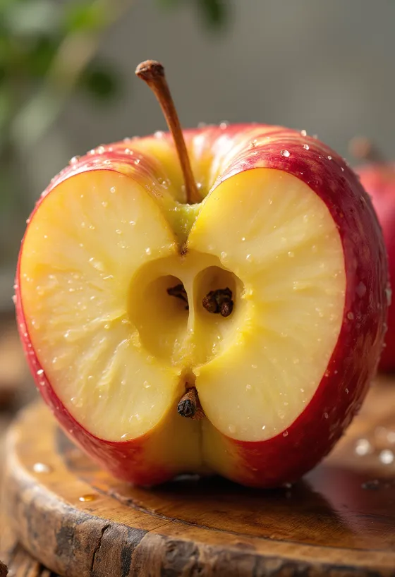 Maçãs Honeycrisp frescas e fatias em tábua de madeira