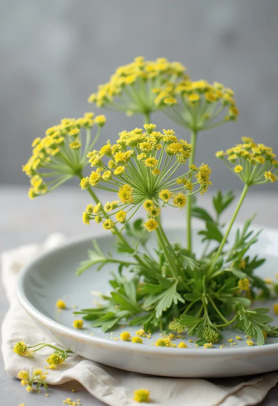 Umbelas de flores de endro frescas num prato