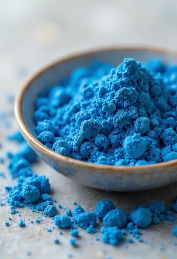 Pó de espirulina azul em pequeno frasco de vidro, cor azul vibrante