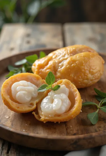 Gomos de langsat descascados sobre tábua de cozinha
