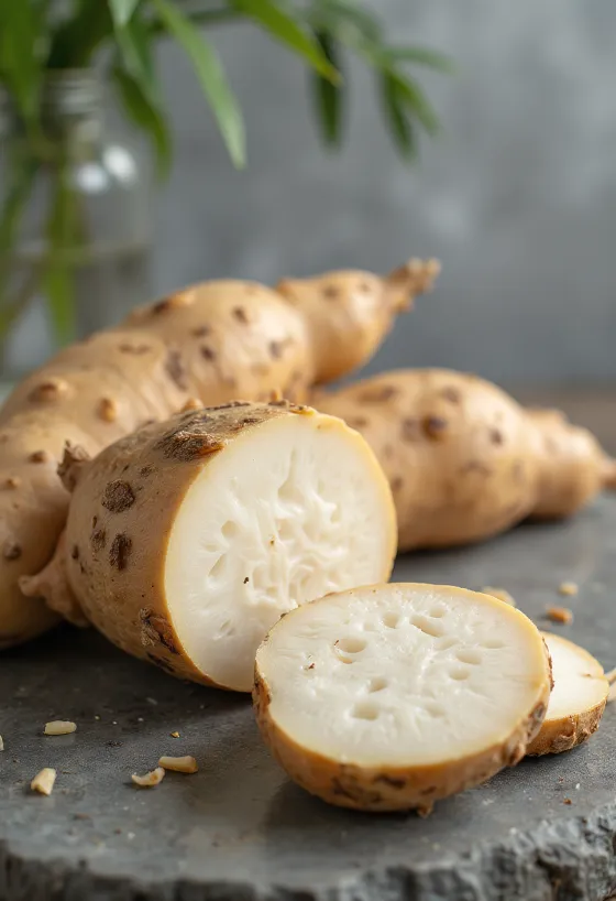 Raízes de mandioca (cassava) fatiadas na tábua, rodeadas de vegetais frescos