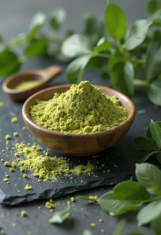 Pó de Moringa em pequeno frasco, verde rico, rodeado por folhas frescas de moringa