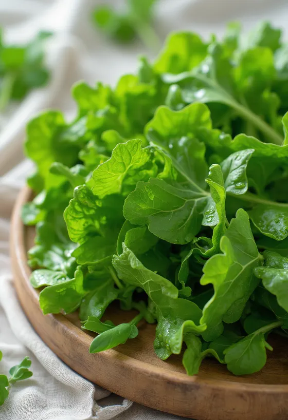 Folhas de mostarda frescas salpicadas de água