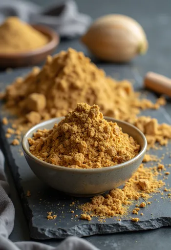 Fruto e pó de Noni em pequeno frasco, rodeado por frutos de noni secos