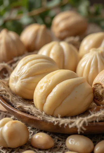 Nozes pili dispostas numa bancada de madeira rústica.