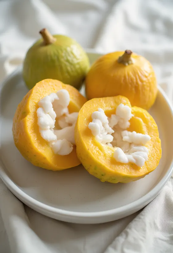 Santol cortado, mostrando a polpa branca interior.