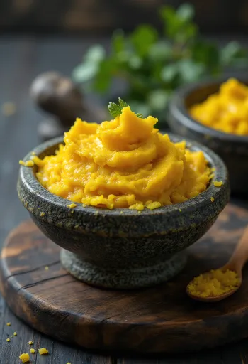 Pasta de caril amarelo em frasco pequeno, cor amarela rica, rodeada por especiarias como curcuma, cominhos e coentros