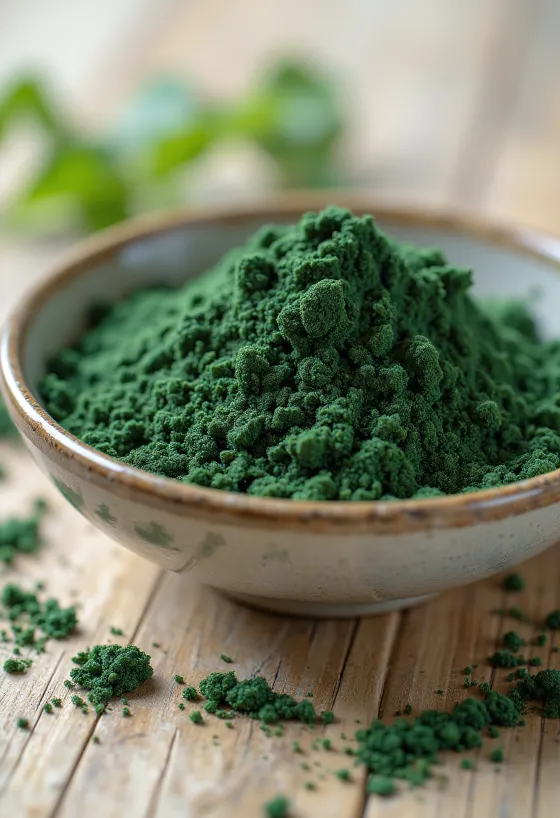 Pó de espirulina em frasco pequeno, cor verde rica, com comprimidos de espirulina ao redor