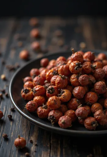 Grãos de Pimenta de Sichuan numa superfície de madeira.